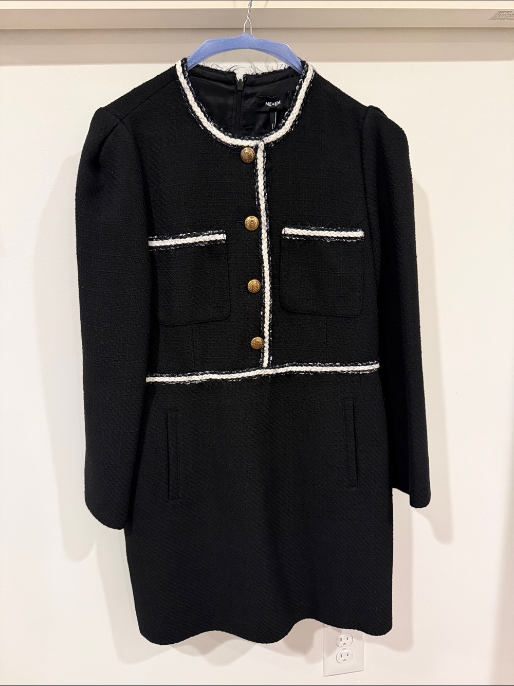 ME+EM Black Tweed Button-Front Coat Dress with White Trim euc